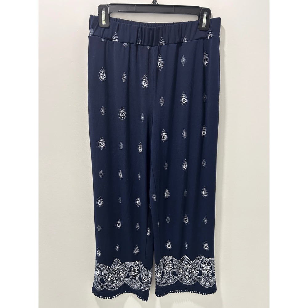 Susan Graver Navy Paisley Liquid Knit Crop Pants Wide Leg Crochet Trim Small